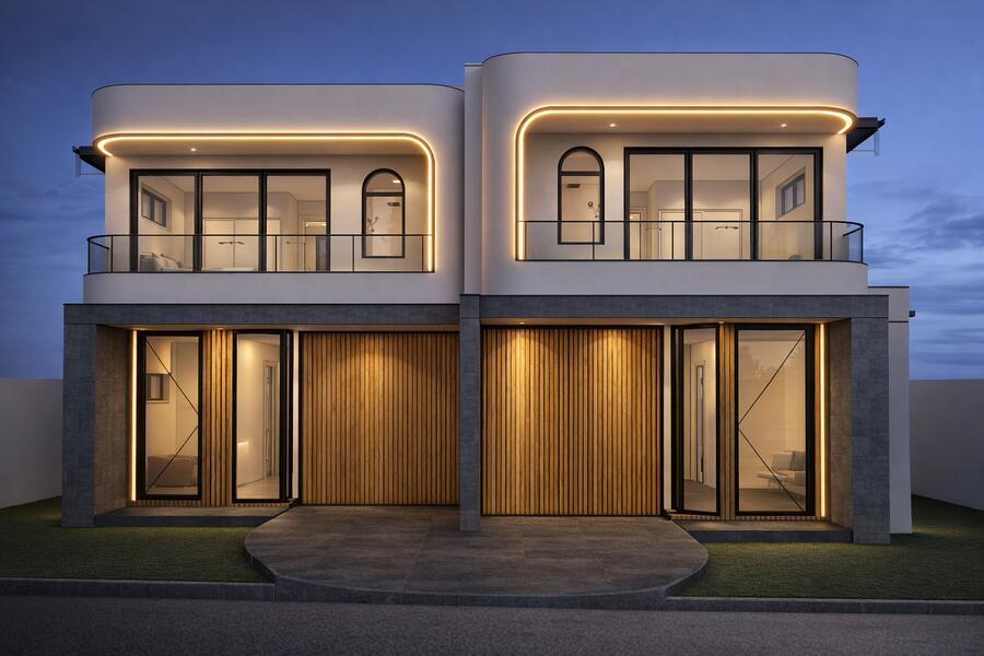 Dusk render of the Marsfield duplex facade